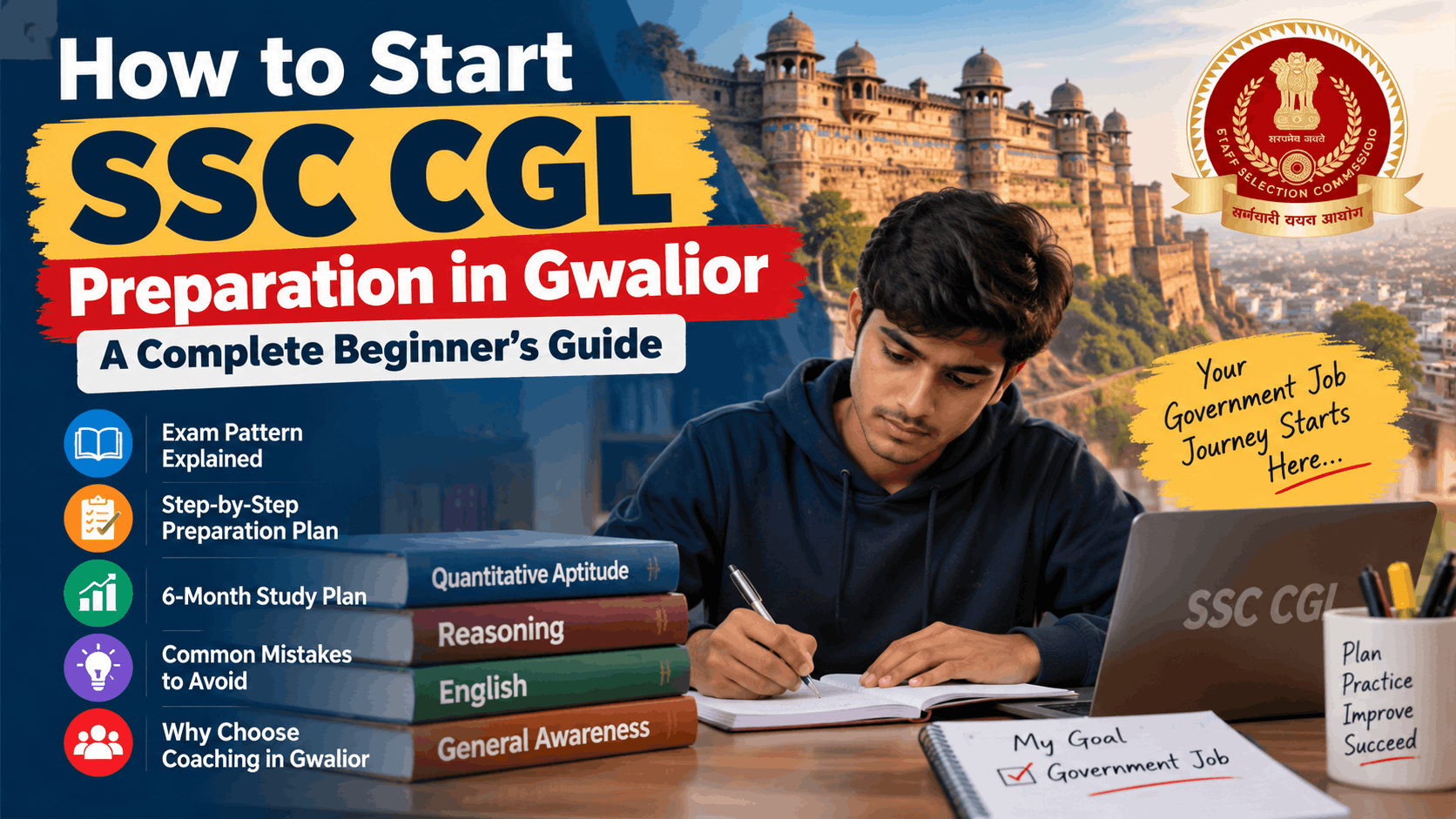 How to start SSC CGL preparation in Gwalior: a beginner’s guide with a student studying and Gwalior Fort in the background